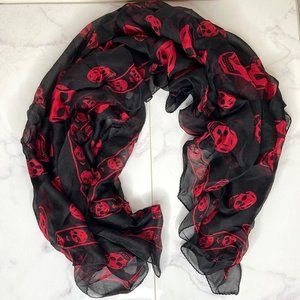 Alexander McQueen Black & Red Classic Skull Print Chiffon Silk Large Scarf NWOT